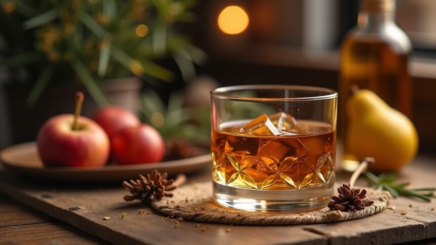 Üveg whiskey jéggel, alma és körte gyümölcsökkel egy rusztikus asztalon.