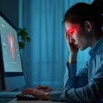 Nő számítógép előtt, fejfájással a digitális világ hatására.