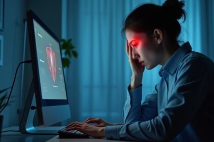 Nő számítógép előtt, fejfájással a digitális világ hatására.