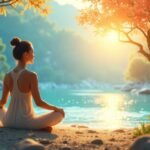 Nő meditál a természetben, naplemente a vízparton