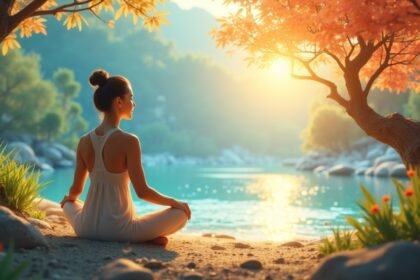 Nő meditál a természetben, naplemente a vízparton