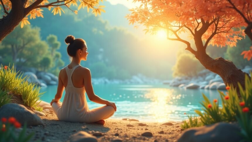 Nő meditál a természetben, naplemente a vízparton