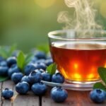 Friss áfonya levél tea gőzölögve, ízletes és egészséges alternatíva.