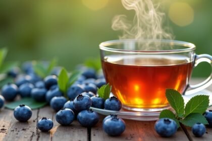 Friss áfonya levél tea gőzölögve, ízletes és egészséges alternatíva.