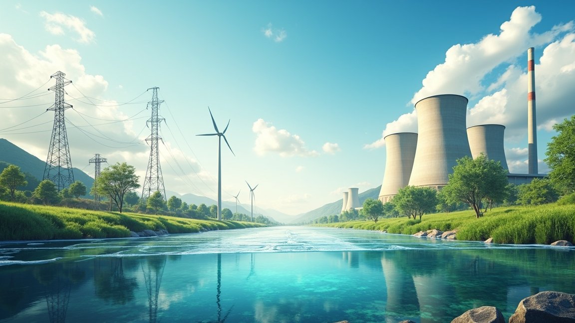 Hagyományos és megújuló energiaforrások tája, víz, szél és áramszolgáltatás