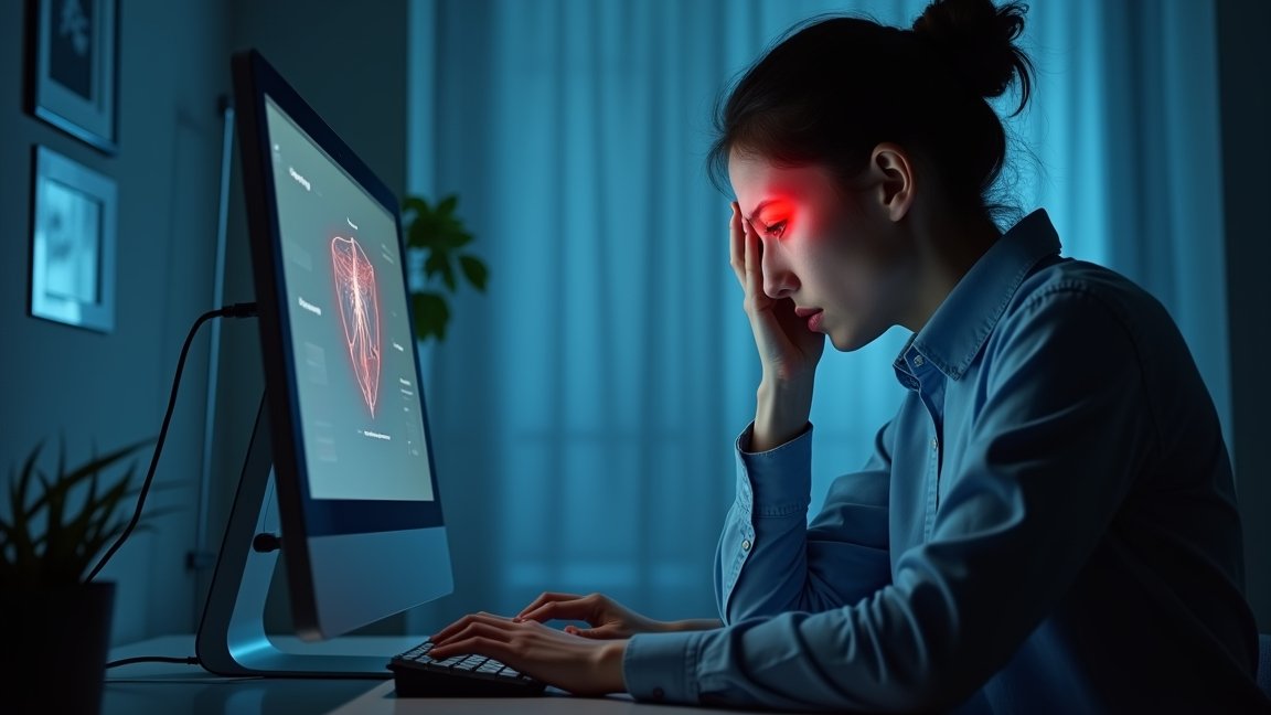 Nő számítógép előtt, fejfájással a digitális világ hatására.