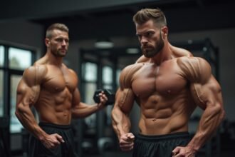 Két izmos sportoló súlyzót emel a konditeremben