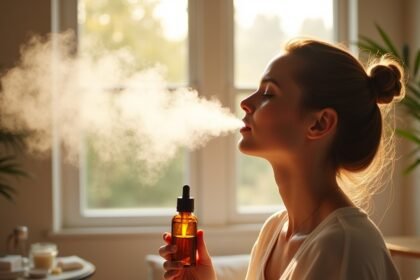Egy nő inhaláló terápia közben, aromás olajjal egy szobában.