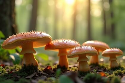 Ganoderma gomba természetes környezetben, erdőben, napfényben.