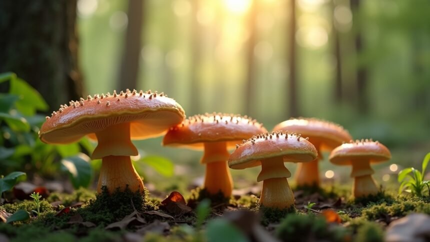 Ganoderma gomba természetes környezetben, erdőben, napfényben.