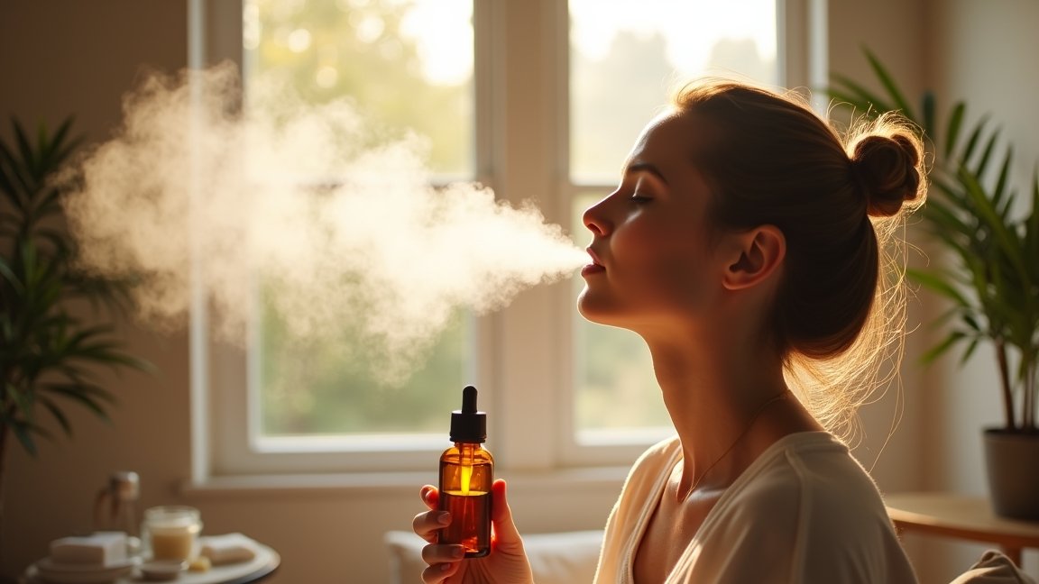 Egy nő inhaláló terápia közben, aromás olajjal egy szobában.
