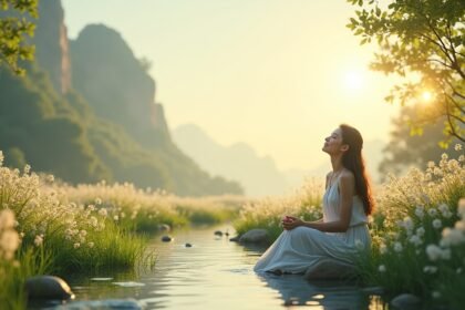 Nő meditál a folyó mellett virágokkal körülvéve a reggeli napsütésben.