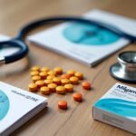 Milgamma B-vitamin készítmény, gyógyszer és orvosi eszközök asztalon.