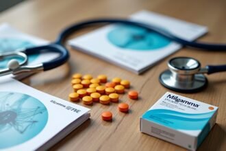 Milgamma B-vitamin készítmény, gyógyszer és orvosi eszközök asztalon.