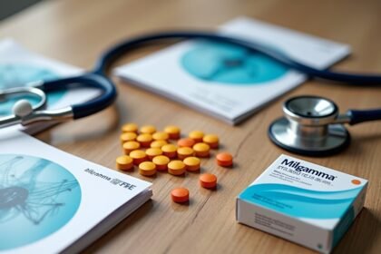 Milgamma B-vitamin készítmény, gyógyszer és orvosi eszközök asztalon.