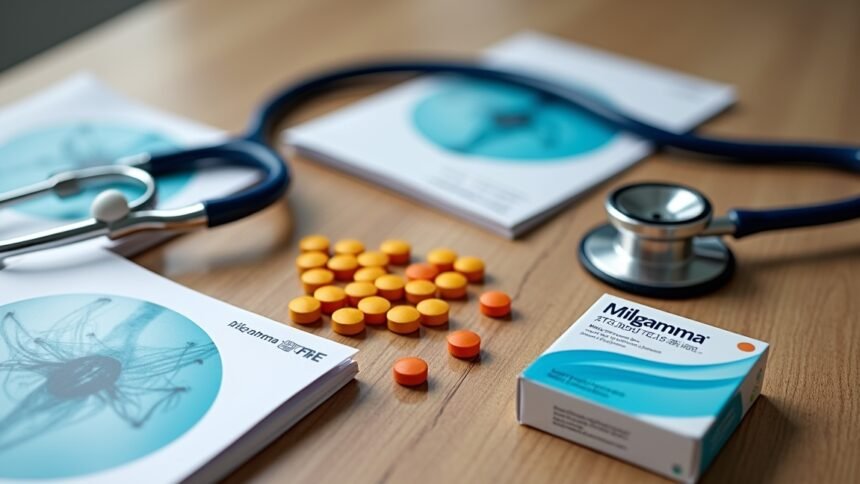 Milgamma B-vitamin készítmény, gyógyszer és orvosi eszközök asztalon.
