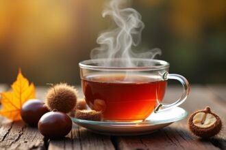Vadgesztenye tea gőzölgő csészében, körülötte gesztenyék és színes levél.