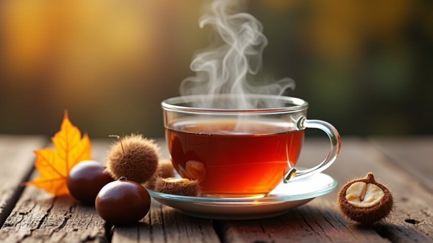 Vadgesztenye tea gőzölgő csészében, körülötte gesztenyék és színes levél.