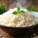 Friss, gőzölgő rizs tálban, friss zöldségekkel körítve