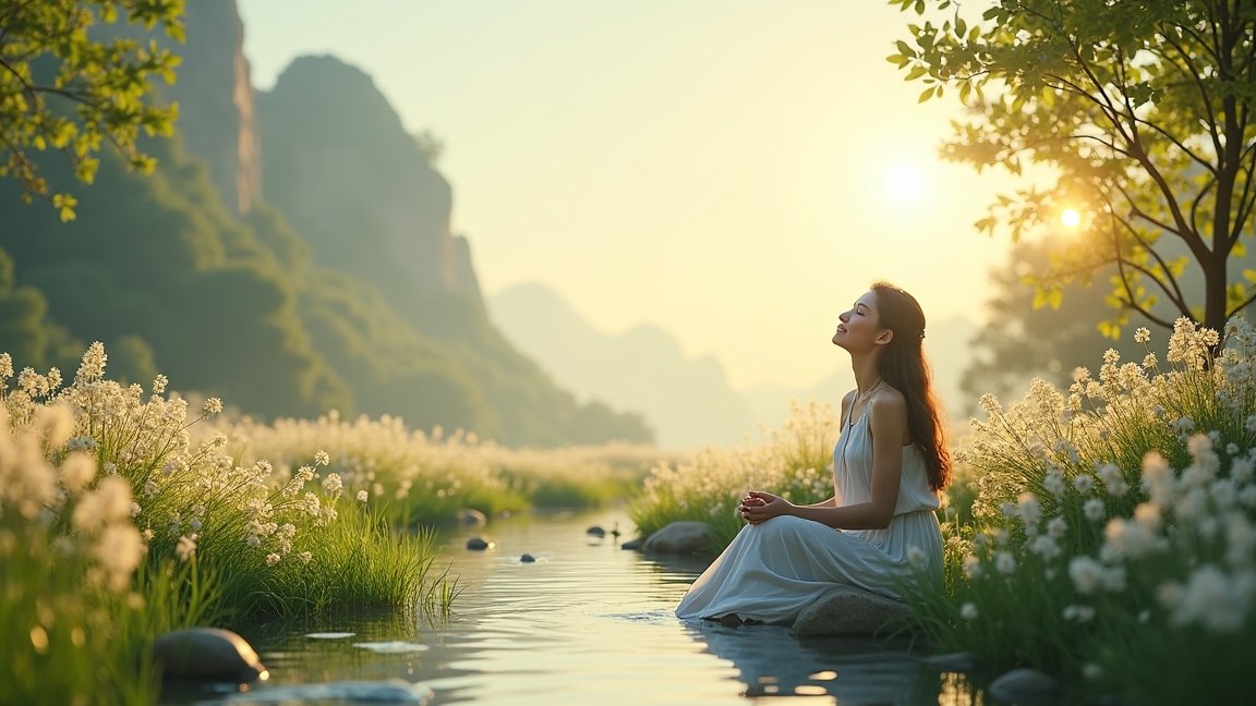 Nő meditál a folyó mellett virágokkal körülvéve a reggeli napsütésben.
