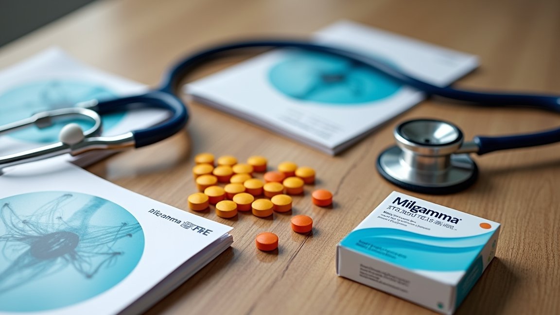 Milgamma B-vitamin készítmény, gyógyszer és orvosi eszközök asztalon.